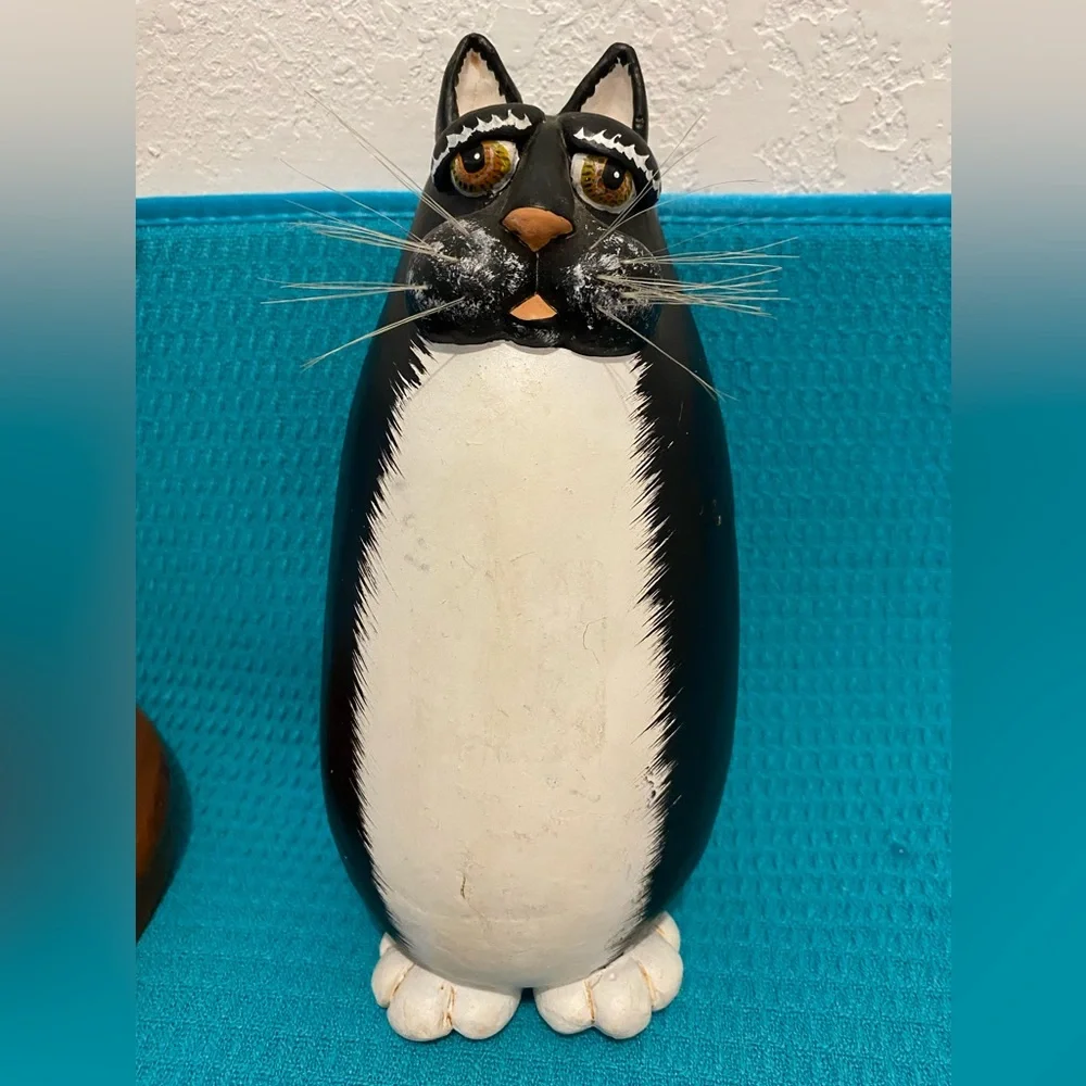 ENESCO 1997 Vicki Thomas “Gourd Cat Figurine” 8.5” Black/White Fiber Whiskrs EUC